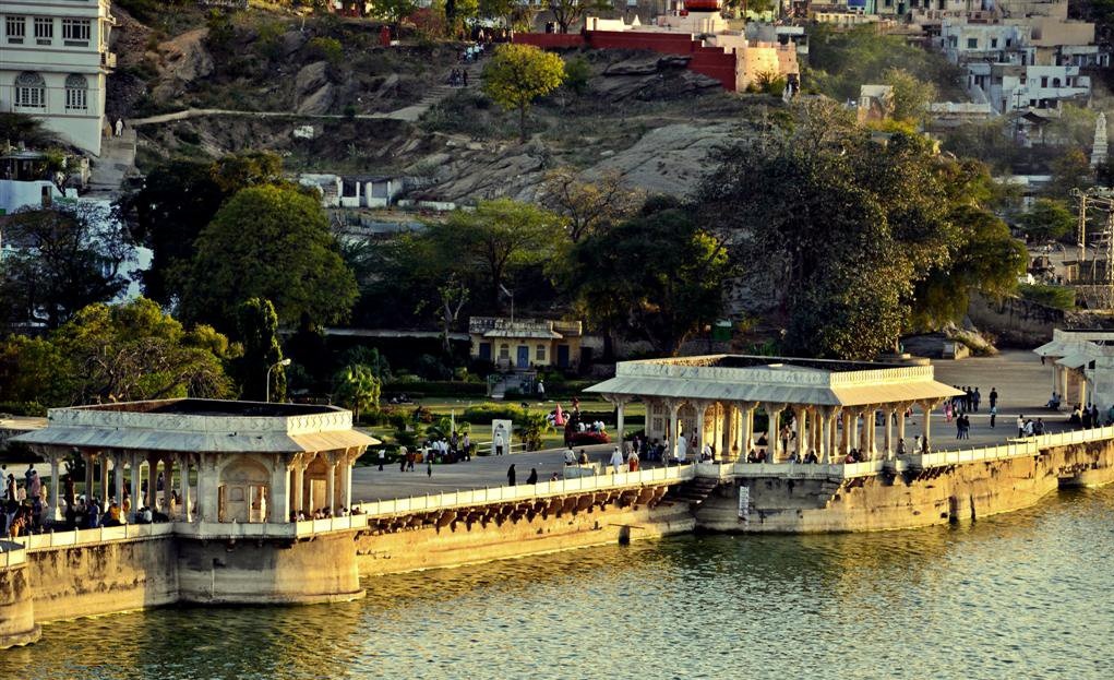Panoramic view of Ana Sagar Baradari and the lake seen from the hilltop Circuit House in Ajmer